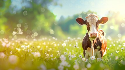  A funny cow in a green summer meadow. generative ai