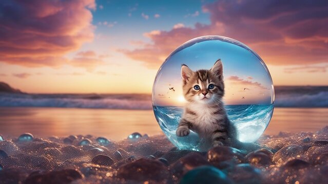 cat in the night highly intricately detailed photograph of Little kitten drifting by the sea waves in crystal ball