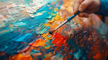 Oil painting of a person painting with bright colors.