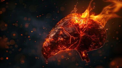 A clear photo depicts a fatty, damaged liver with flames roaring behind it, symbolizing the destructive impact of certain health conditions on vital organs. - obrazy, fototapety, plakaty