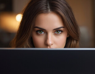 A woman looking over a computer. Close-up of a beautiful girl sitting at a table looking over a laptop focused on the camera. A beautiful young IT professional woman with green eyes & open hairstyle.