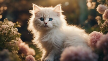 Naklejka na ściany i meble cat on the meadow A delicate kitten with a soft fur coat, nestled among a bouquet of fluffy plumes and velvety foliage 