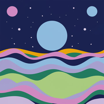 night sky with moon, planets and stars over different color waves of water 