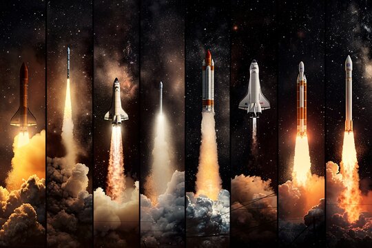 Multiple rockets soar through the sky, leaving trails of smoke as they ascend higher