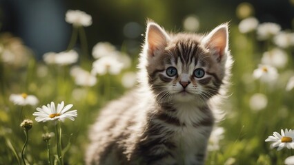 Obraz premium cat on the grass A tiny kitten with a soft, striped coat, meowing playfully as it explores a lush garden 