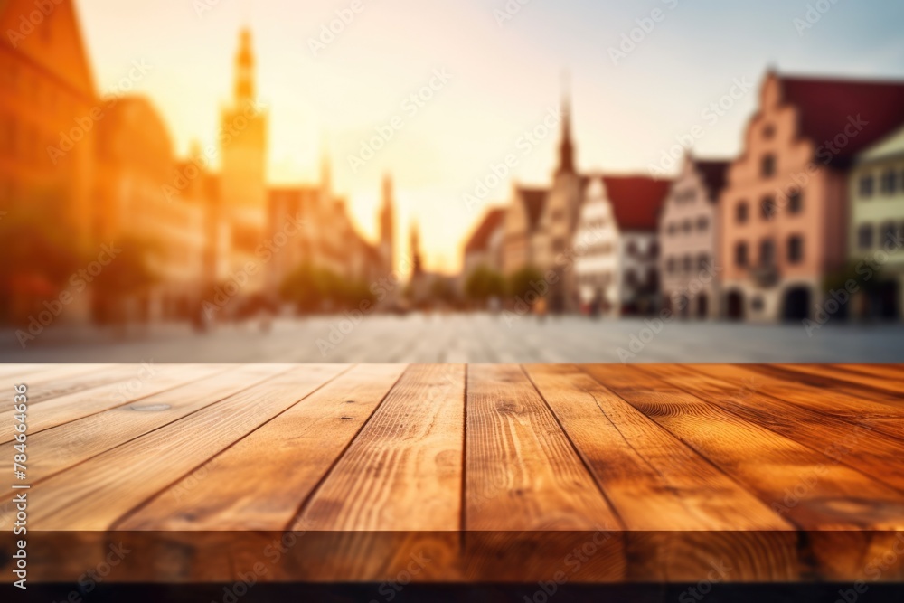 Poster the empty wooden table top with blur background of town square. exuberant image. generative ai