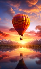 Hot air balloon over the lake at sunset