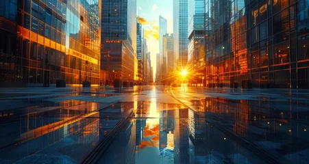 Foto op Plexiglas Cityscape With Suns Reflection in Water © olegganko