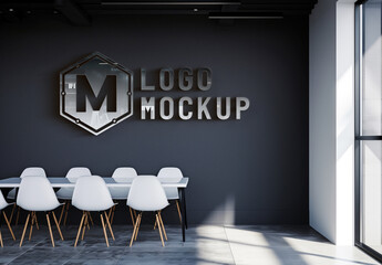Reflective Logo Mockup On Modern Office Wall. Generative Ai - obrazy, fototapety, plakaty