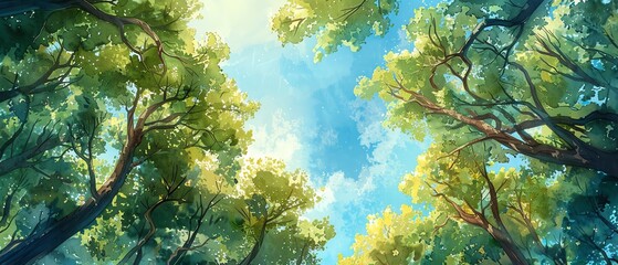 Create a vibrant watercolor masterpiece from a worms-eye view perspective, showcasing a lush forest canopy with vibrant green foliage and a glimpse of the clear blue sky, leaving ample copy space for