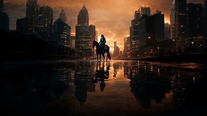 Fototapeta na wymiar woman on a horse in a city of skyscrapers at the blazing sunset, cinematic frame in an urban landscape