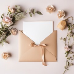 An open envelope with a blank card surrounded by pink and white roses and eucalyptus on a beige background.
