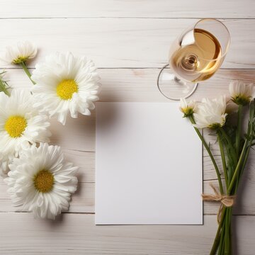 Blank notepaper between white daisies and a glass of white wine on a whitewashed wooden background.