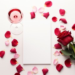 A blank wedding invitation card, a glass of rose wine, a red rose, and pink and red rose petals on a white background.