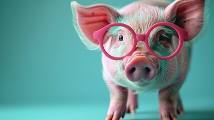 colorful pig saving on a pastel blue background. It is a minimalistic design. - obrazy, fototapety, plakaty