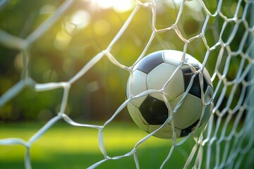 Football caught in the net with soft sunlight