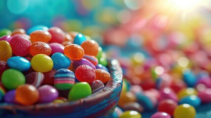 The close up view of picture of a lot of the colourful candy, sweet, sugar, and jelly that has been put around the table or floor and gathered together and has been filled with various sweet. AIGX01.