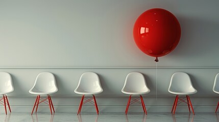 Conceptual image of a red chair with a floating red balloon on a white background.