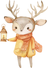 Deurstickers Cute Deer With Lantern watercolor, transparent background © mytam