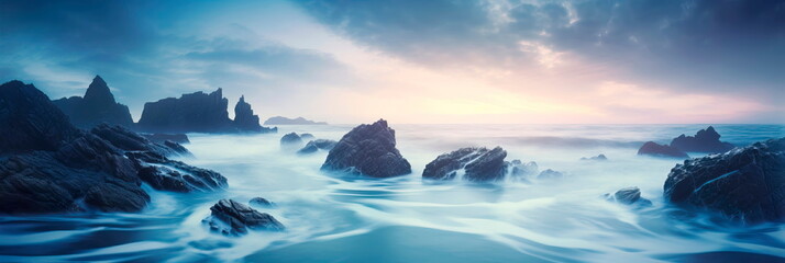 serene and dreamy effect of ocean waves using a long exposure, giving the water a soft, blurred appearance. Generative AI