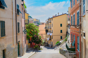street of Riomaggiore picturesque town of Cinque Terre, Italy