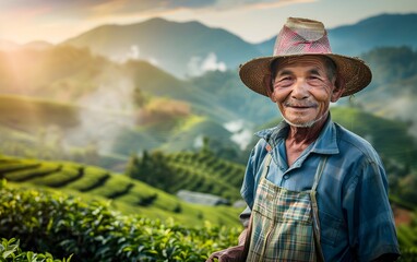 Portrait of smiling senior Asian agronomist holding a basket with green tea leaves, farmer standing by tea field, beautiful sunny landscape plantation in background, banner with copyspace for text