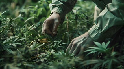 Hands of agronomist picking up green marijuana leaves, farmer harvesting at hemp field. Cannabis sativa plantation in background, medical product, banner with copyspace for text