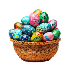 Beautiful colorful painted Easter eggs lie in wicker basket. Happy Easter holidays. Isolated
