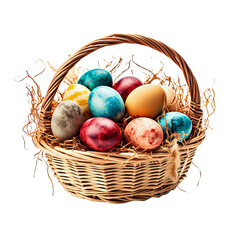 Bright colorful Easter eggs lie in wicker basket. Happy Easter holidays. Isolated