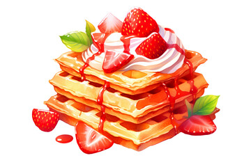 Watercolor illustration of stack of delicious waffles with whipped cream, mint leaves and strawberries