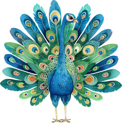 Cute Peacock Displaying Feathers watercolor, transparent background - obrazy, fototapety, plakaty