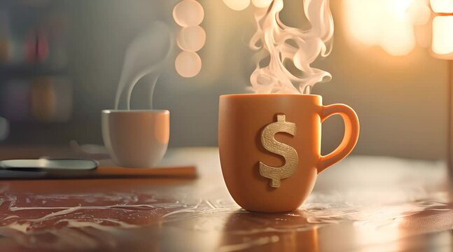 Creative clay 3D model of a coffee cup with dollar sign steam, work and wealth balance concept