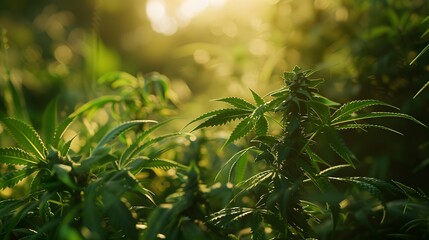 Obraz premium CBD Beautiful background green cannabis plantation, beautiful marijuana leaves grow on sunny field, Medical legal plant product oil concept, alternative herb medicine, banner empty copyspace for text