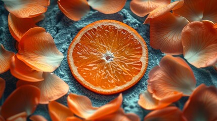 An orange petal in the middle of a circle of orange petals on a blue paste background. Creative concept. Flat lay. - obrazy, fototapety, plakaty