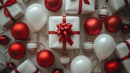 A white ballon is positioned among red giftboxes on a white background. A minimalist new year concept is presented here.