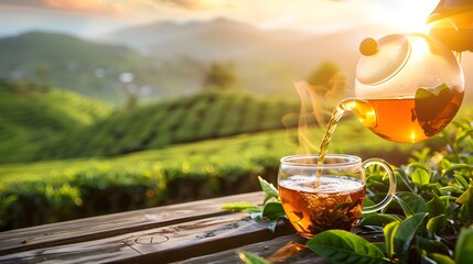 Glass teapot pours hot tea into transparent cup on wooden table with fresh leaves on tea plantation, sunset field background with copy space for text, product advertisement. Time of Tea concept  - Powered by Adobe
