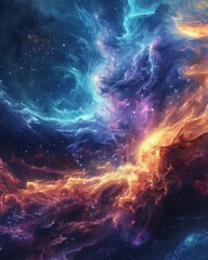 A colorful space scene with a blue and orange cloud - obrazy, fototapety, plakaty