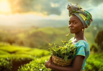 Portrait of smiling Nigerian African agronomist holding a basket with green tea leaves, farmer standing by tea field, beautiful sunny landscape plantation in background, banner with copyspace for text