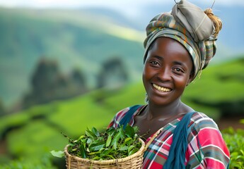 Portrait of smiling Nigerian African agronomist holding a basket with green tea leaves, farmer standing by tea field, beautiful sunny landscape plantation in background, banner with copyspace for text - Powered by Adobe