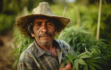Portrait of smiling senior Colombian agronomist holding a basket with green marijuana leaves, farmer standing by hemp field. Cannabis sativa plantation in background, banner with copyspace for text