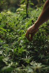 Hands of agronomist picking up green marijuana leaves, farmer harvesting at hemp field. Cannabis sativa plantation in background, medical product, banner with copyspace for text
