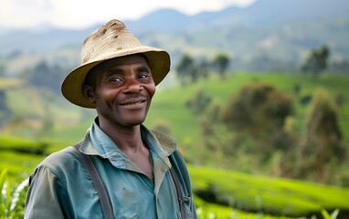 Portrait of smiling Nigerian African agronomist holding a basket with green tea leaves, farmer standing by tea field, beautiful sunny landscape plantation in background, banner with copyspace for text
