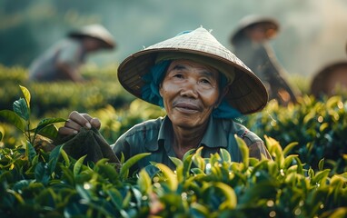 Portrait of smiling senior female Asian agronomist holding basket with green tea leaves, farmer standing by tea field, beautiful sunny landscape plantation in background banner with copyspace for text