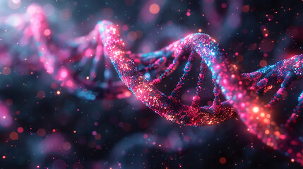 Abstract DNA spiral, neon pink and blue glowing particles background. Concept of a futuristic...