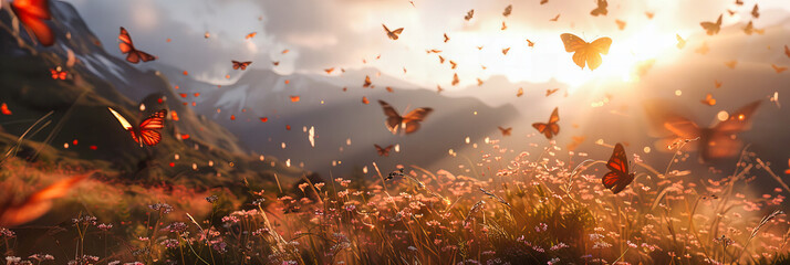 Woman with Butterfly Wings Jumping in a Sunset Meadow, Freedom and Joy in a Dreamy Summer Landscape