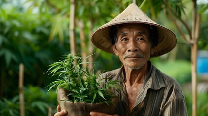Portrait of smiling senior Thai agronomist holding a basket with green marijuana leaves, farmer standing by hemp field. Cannabis sativa plantation in background, banner with copyspace for text
