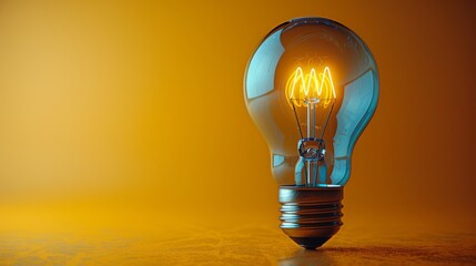 The yellow lightbulb is born from the blue light bulb and is floating over a yellow background. This is a minimal design concept. - obrazy, fototapety, plakaty
