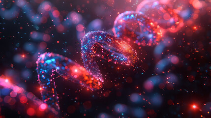 Abstract DNA spiral, neon pink and blue glowing particles background. Concept of a futuristic bio-portrait of abstract organic fluid in dark black space with bokeh lights 16:9