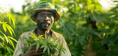 Portrait of smiling senior Nigerian African agronomist holding a basket with green marijuana leaves, farmer standing by hemp field. Cannabis sativa plantation in background, banner copyspace for text