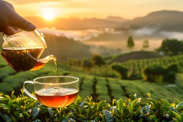 Glass teapot pours hot tea into transparent cup on wooden table with fresh leaves on tea plantation, sunset field background with copy space for text, product advertisement. Time of Tea concept 
